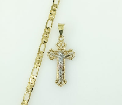 Plated Tri-Color Cross 5mm Figaro Chain Necklace
