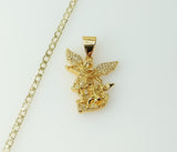 A gold plated Cuban link necklace in a small chain style featuring Saint Michael pendant.

Gold plated Saint Michael pen