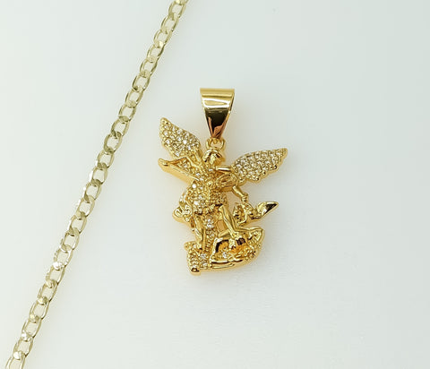 A gold plated Cuban link necklace in a small chain style featuring Saint Michael pendant.

Gold plated Saint Michael pen