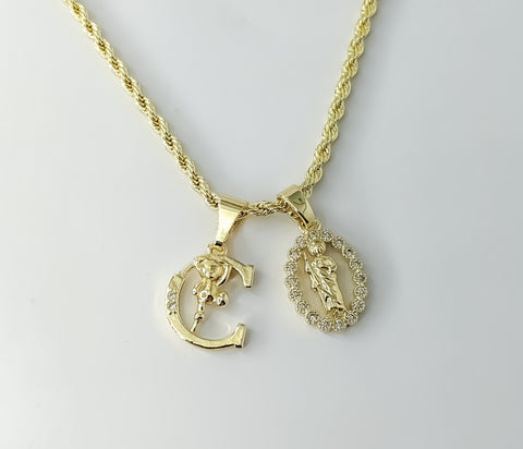 Plated Dainty Letter "C" Saint Jude Double Pendants 2mm Rope/Braided Chain Necklace
