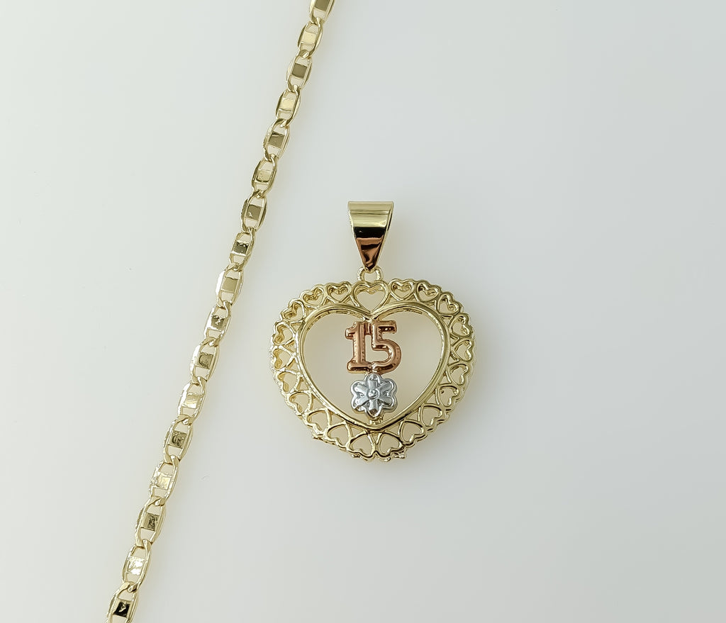 Plated Tri-Color Heart "My 15" Quince 3mm Flat Mariner Anchor Chain Necklace