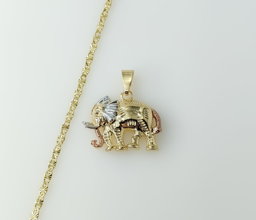 Gold plated tri-color elephant 3mm star chain necklace with intricate design.
Gold plated elephant shaped star charm att
