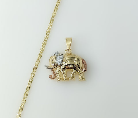 Gold plated tri-color elephant 3mm star chain necklace with intricate design.
Gold plated elephant shaped star charm att