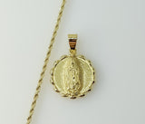 Gold plated rope braided chain necklace with Virgin Mary pendant design.
Gold plated rope braided chain necklace featuri