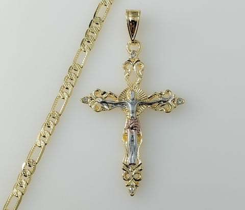 Plated Tri-Color Cross Crucifix 4mm 14K Diamond Cut Figaro Chain Necklace