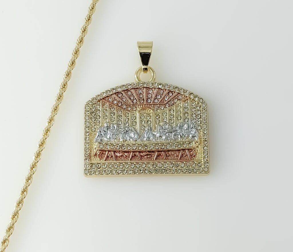 Plated Tri-Color Blinged The Last Supper 2mm Rope/Braided Chain Necklace