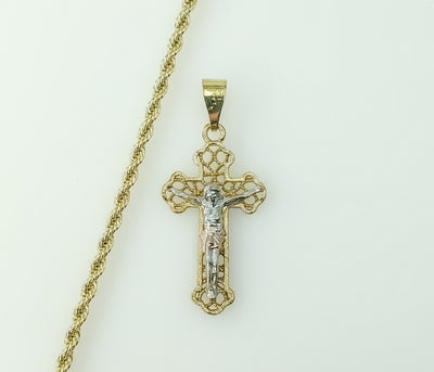 Plated Tri-Color Cross 3mm Rope/Braided Chain Necklace