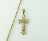 Gold plated tri-color cross pendant on a braided chain necklace.

Gold plated cross pendant on a 3mm rope and braided ch