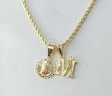 Gold plated tri-color Virgin Mary pendants on a 2mm rope braided chain necklace.