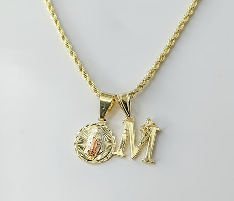 Gold plated tri-color Virgin Mary pendants on a 2mm rope braided chain necklace.