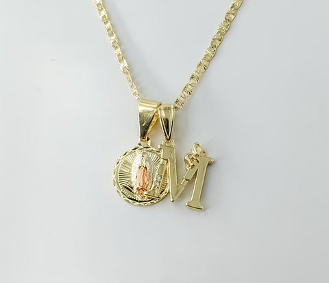 Golden plated sterling silver star chain necklace with Virgin Mary pendants.

Double dainty pendants with a Virgin Mary