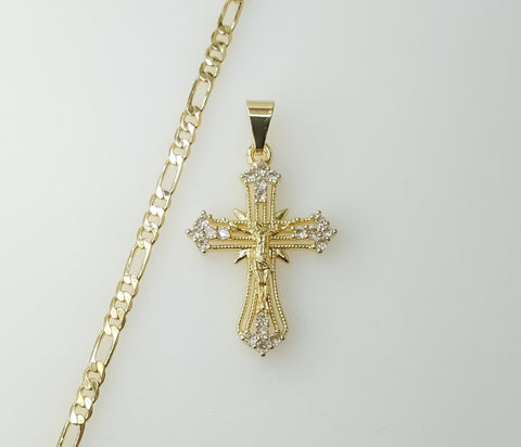Gold Plated Small Cross Jesus Crucifix Necklace with 3mm Figaro Chain.
