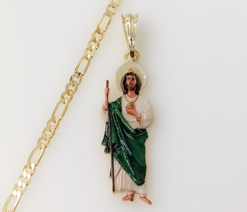 Vintage St Jude Patron Saint of Miracles Small Green Plated 3mm Figaro Necklace
