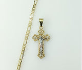 Gold-plated tri-color cross pendant on a 4mm figaro chain necklace.