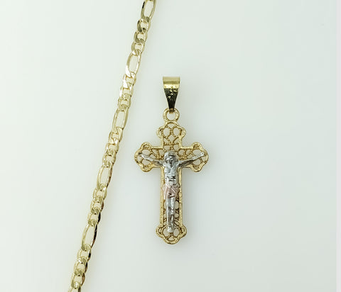 Gold-plated tri-color cross pendant on a 4mm figaro chain necklace.