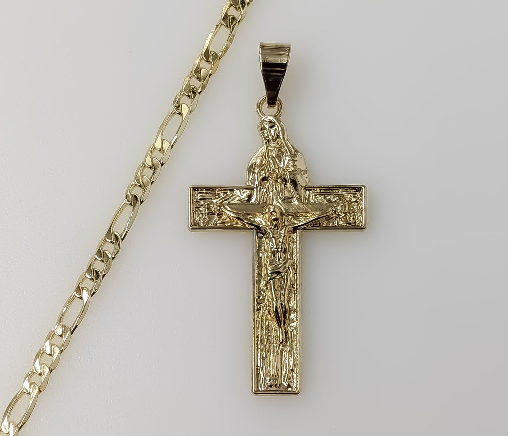 Blessed Mother Virgin Mary Jesus Crucifix Cross Golden Plated 4mm Figaro Chain