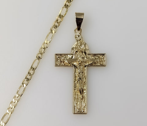 Blessed Mother Virgin Mary Jesus Crucifix Cross Golden Plated 4mm Figaro Chain