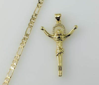 Small Cross Jesus Crucifix Plated 3mm Figaro Chain Devotion Necklace