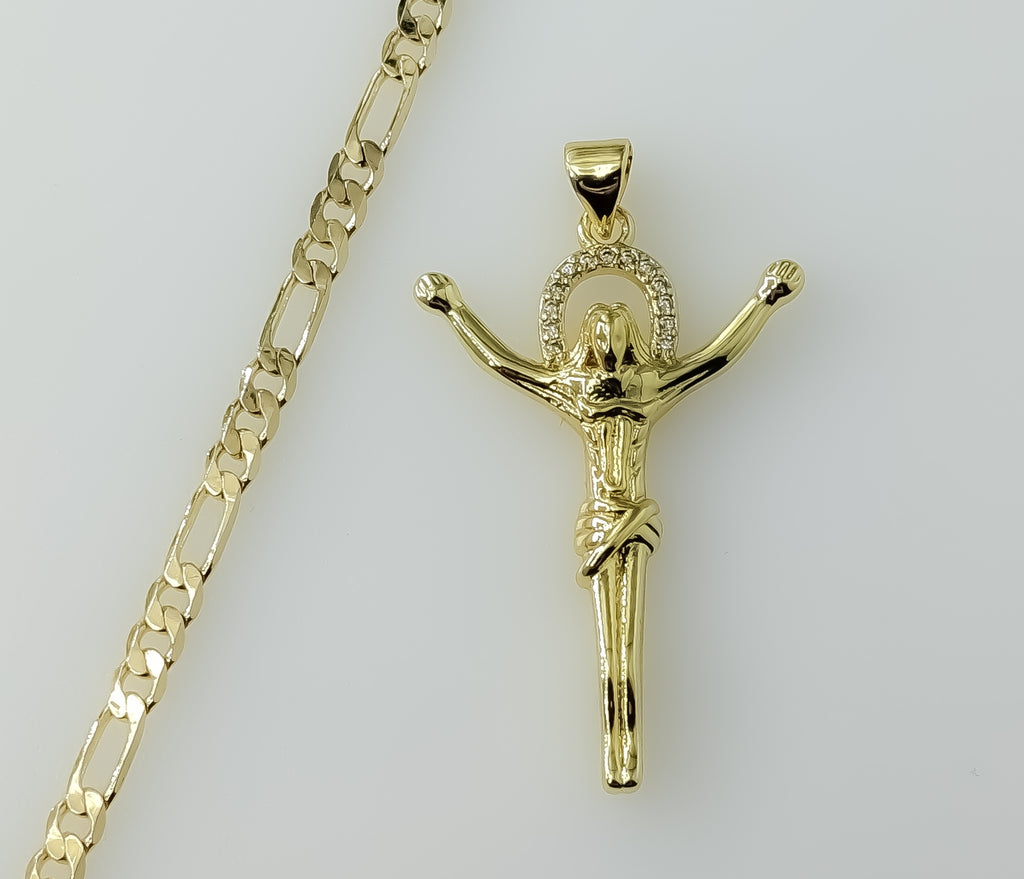 Small Cross Jesus Crucifix Plated 3mm Figaro Chain Devotion Necklace