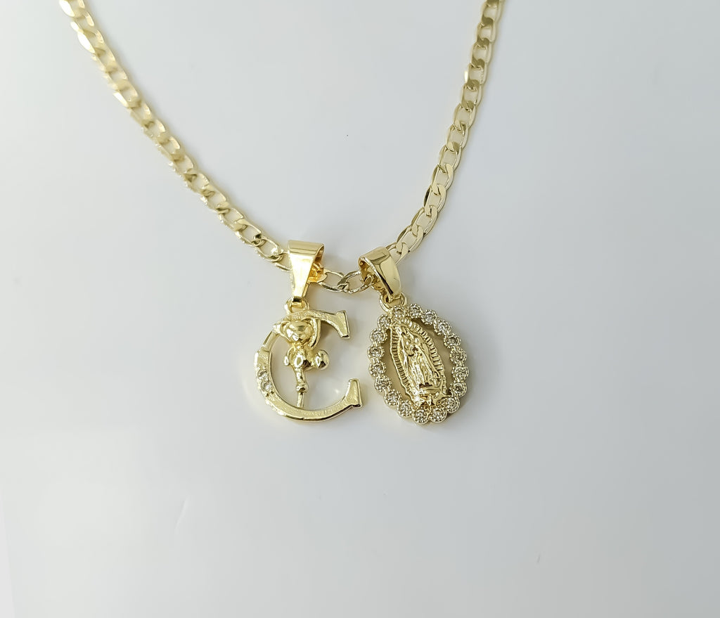 Faith Dainty Letter "C" Virgin Mary Double Pendant 14K 3mm Cuban Chain Necklace