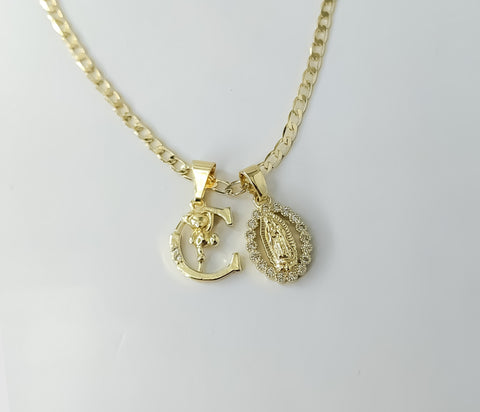 Faith Dainty Letter "C" Virgin Mary Double Pendant 14K 3mm Cuban Chain Necklace