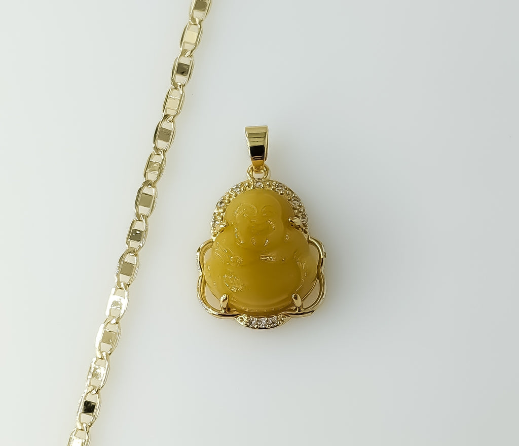Gold plated dainty Buddha pendant on a 3mm flat mariner anchor chain necklace.