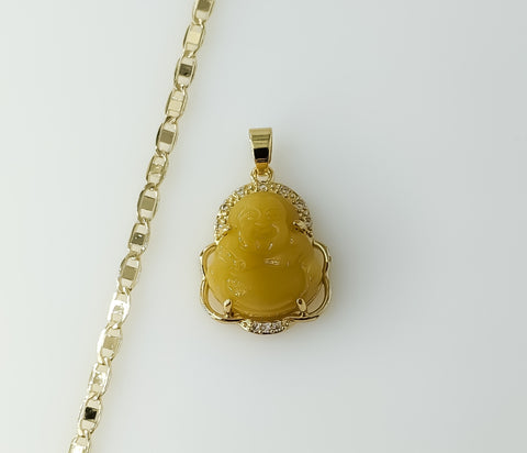 Gold plated dainty Buddha pendant on a 3mm flat mariner anchor chain necklace.