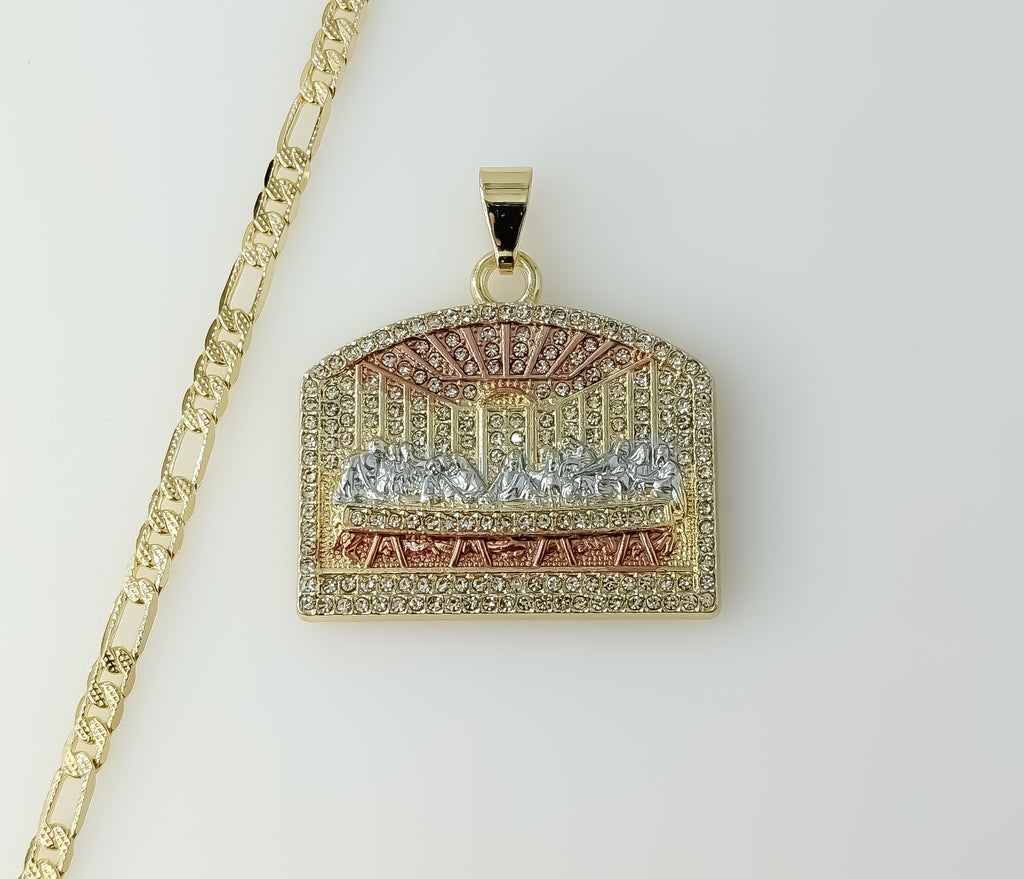 Plated Tri-Color Blinged The Last Supper 4mm 14K Diamond Cut Figaro Chain Necklace