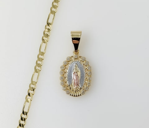 Plated Dainty Tri-Color Virgin Mary 3mm Figaro Chain Necklace
