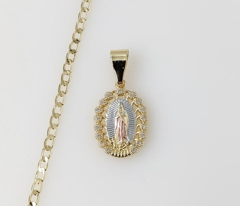 Plated Dainty Tri-Color Virgin Mary 14K 3mm Cuban Chain Necklace