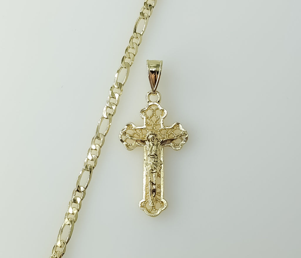 Gold plated figaro chain necklace with a cross pendant in a classic style.
Gold plated chain necklace featuring a cross