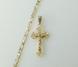 Gold plated figaro chain necklace with a cross pendant in a classic style.
Gold plated chain necklace featuring a cross