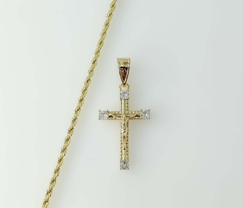 Gold plated small cross pendant with rope and braided chain necklace.