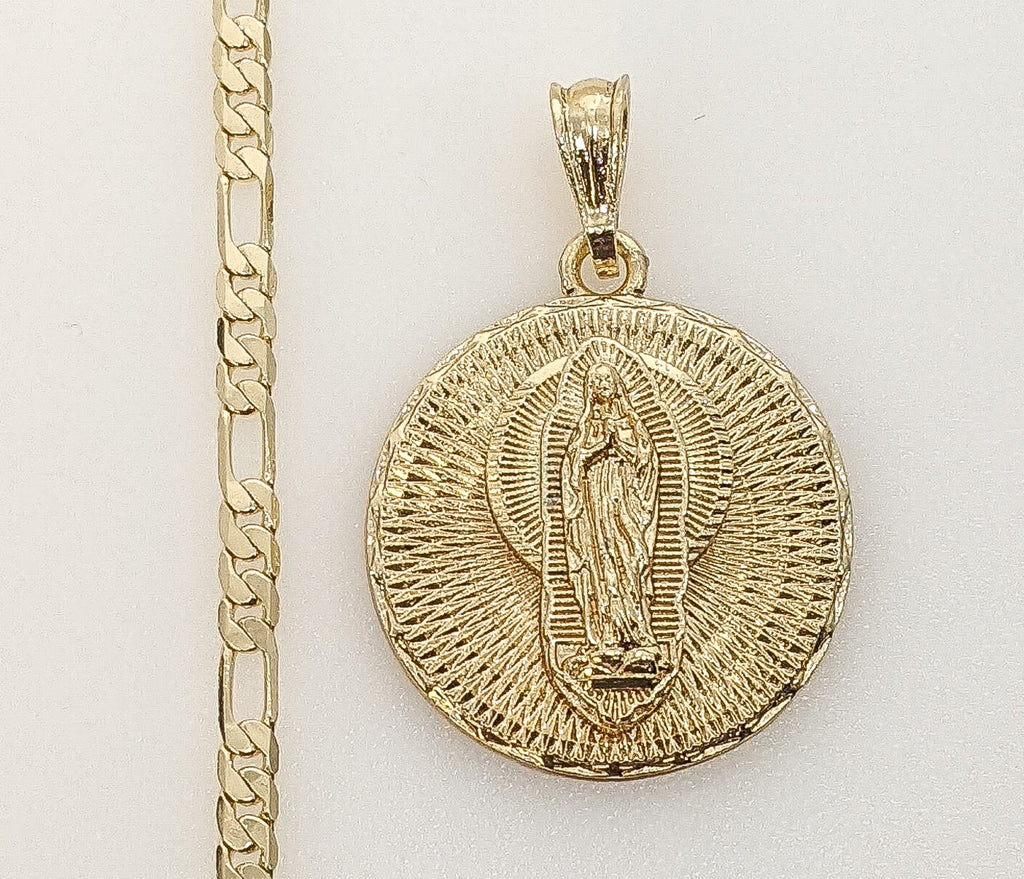 Blessed Virgin Mary Medal Plated 18K 4mm-5mm Figaro Chain Devotion Necklace