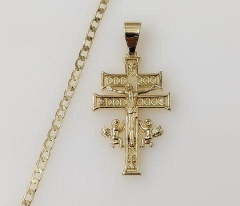 Two Bar Crucifix Holy Cross of Caravaca 14K Plated 3mm Cuban Chain Necklace