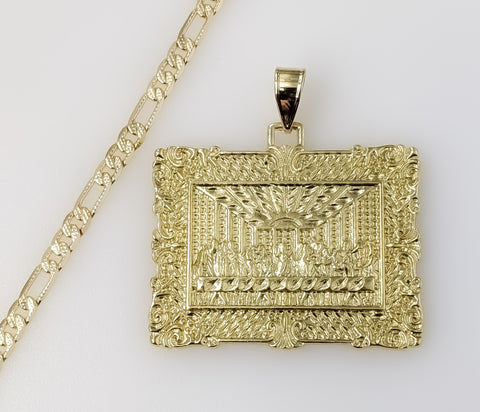 Plated The Last Supper Portrait Pendant 4mm 14K Diamond Cut Figaro Chain Necklace