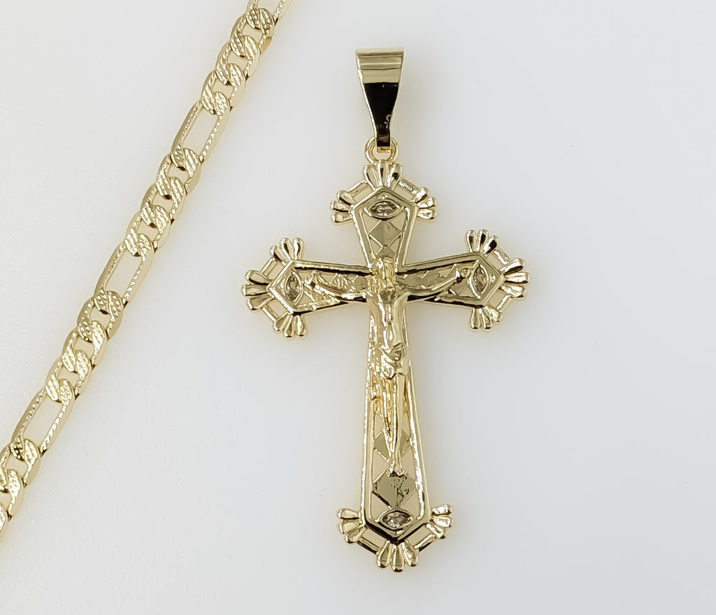 Plated Cross 4mm 14K Diamond Cut Figaro Chain Necklace