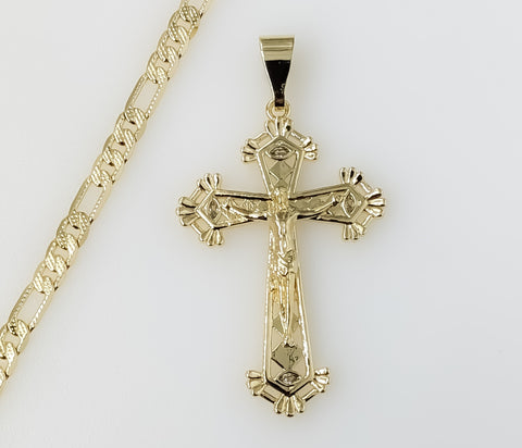 Plated Cross 4mm 14K Diamond Cut Figaro Chain Necklace