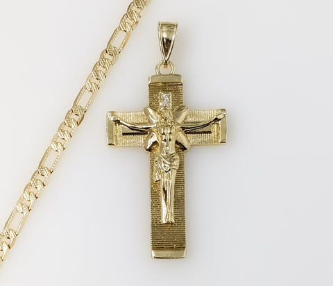 Plated Cross 4mm 14K Diamond Cut Figaro Chain Necklace