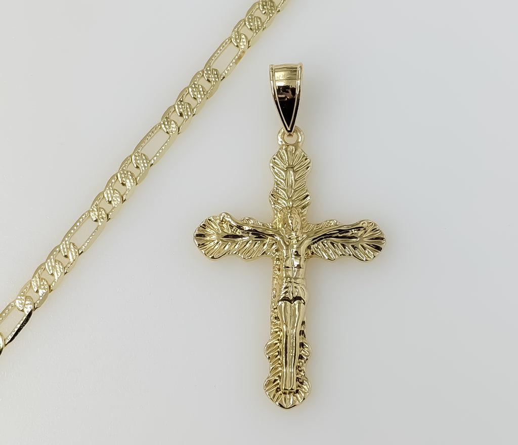 Plated Cross 4mm 14K Diamond Cut Figaro Chain Necklace