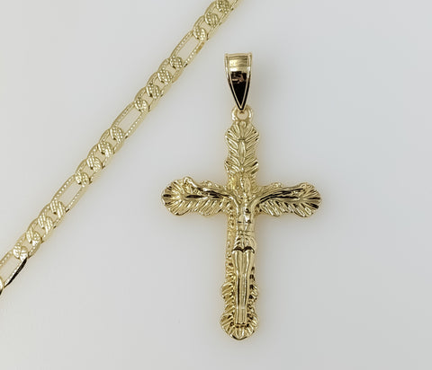 Plated Cross 4mm 14K Diamond Cut Figaro Chain Necklace