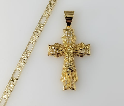 Plated Cross 4mm 14K Diamond Cut Figaro Chain Necklace