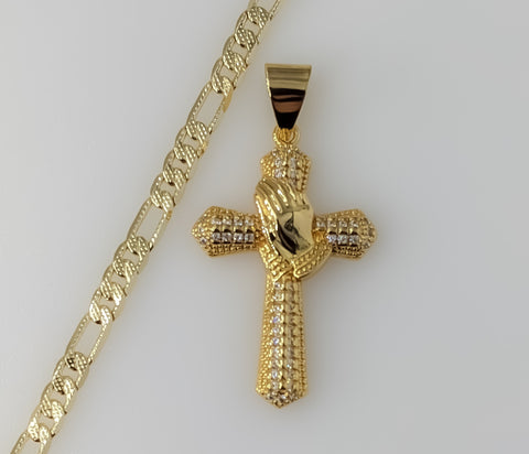 Plated Cross 4mm 14K Diamond Cut Figaro Chain Necklace