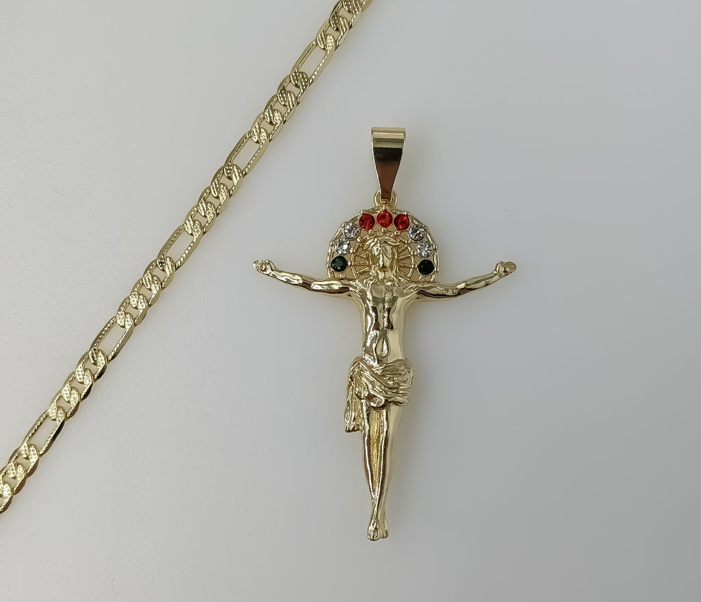 Plated Cross 4mm 14K Diamond Cut Figaro Chain Necklace