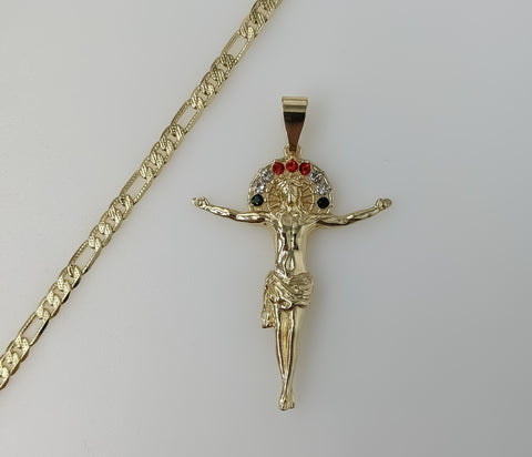 Plated Cross 4mm 14K Diamond Cut Figaro Chain Necklace