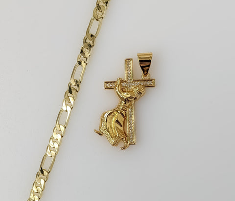 Plated Jesus Carrying Cross 5mm Figaro Chain Necklace