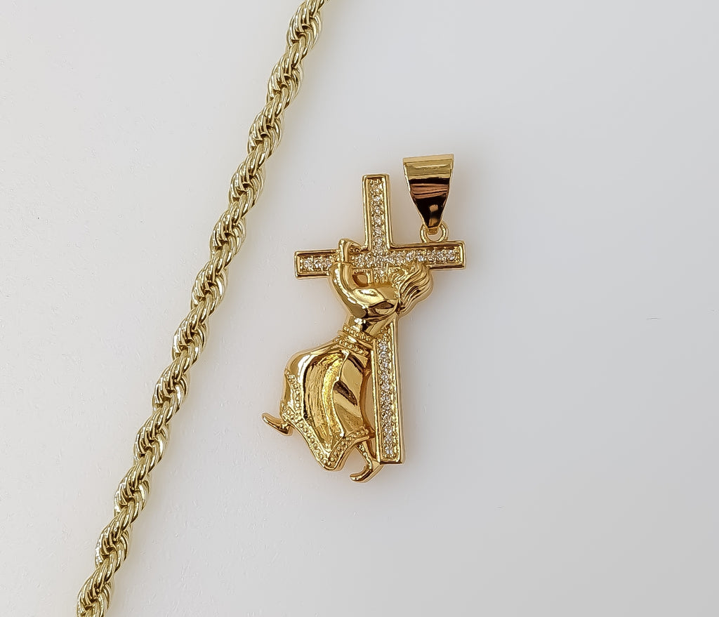 Plated Jesus Carrying Cross 4mm Rope/Braided Chain Necklace