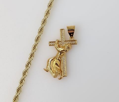 Plated Jesus Carrying Cross 4mm Rope/Braided Chain Necklace