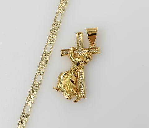 Plated Jesus Carrying Cross 4mm 14K Diamond Cut Figaro Chain Necklace