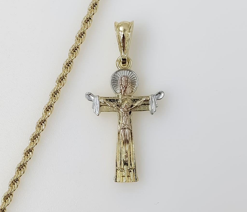 Plated Tri-Color Cross 3mm Rope/Braided Chain Necklace